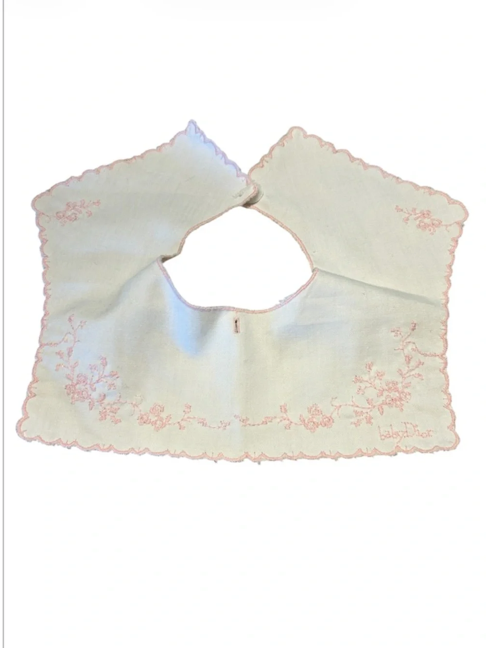Vintage Handmade White Baby Bib with Pink Embroidery